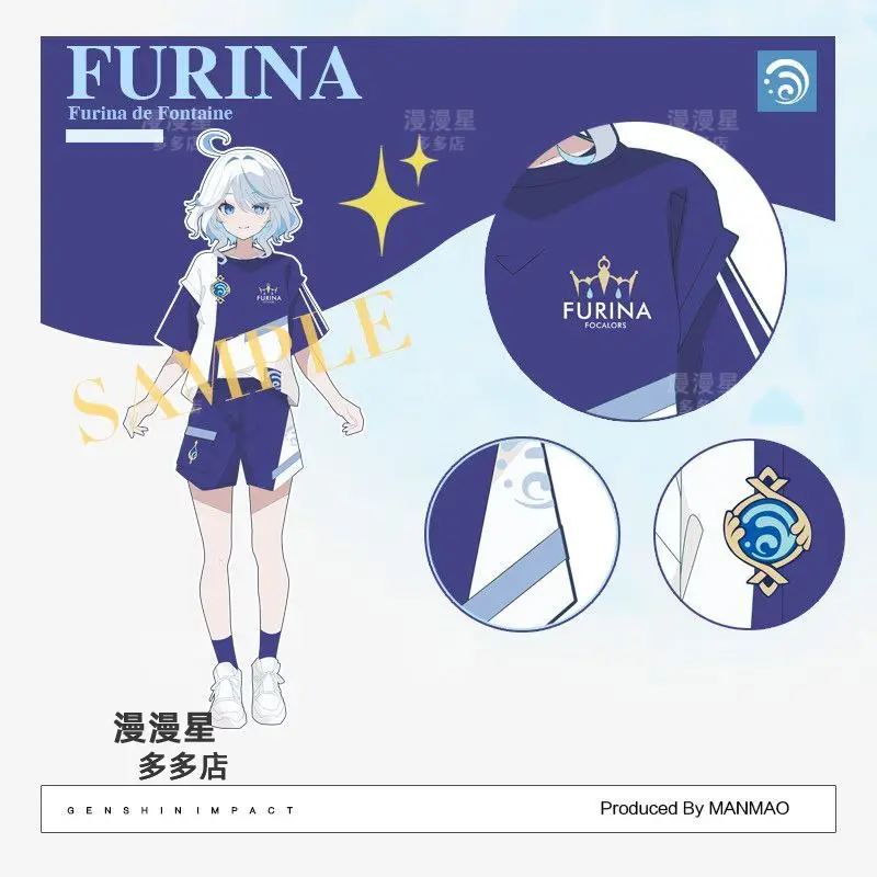 Anime Game Genshin Impact Furina Cosplay Costume Cute Gilrs Student Fashion T-shirt Casual Loose Short Role Play