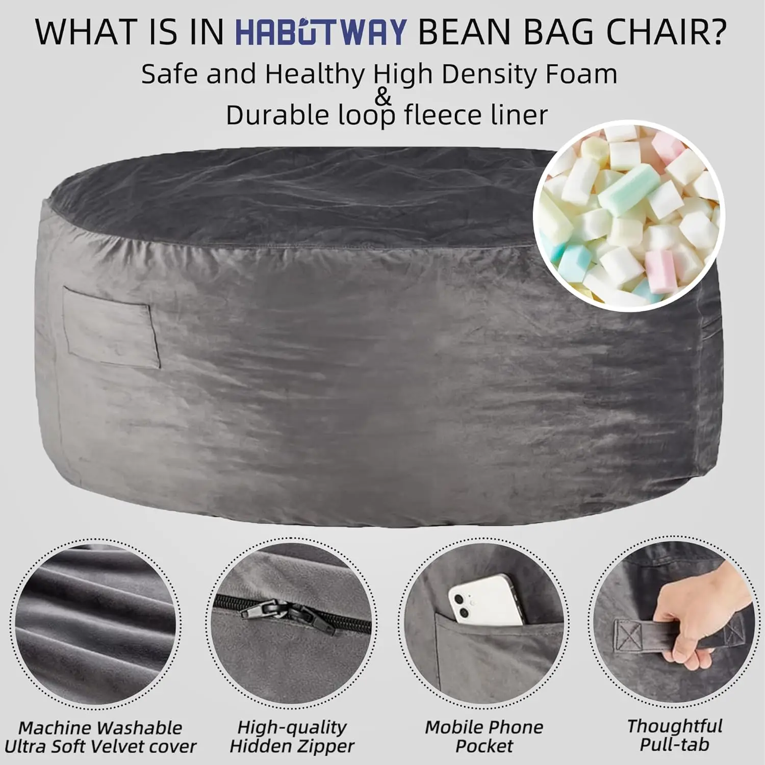 Bean Bag Chair: Giant 5' Memory Foam Furniture Bean Bag Chair with Microfiber Cover - 5Ft,Silver Grey