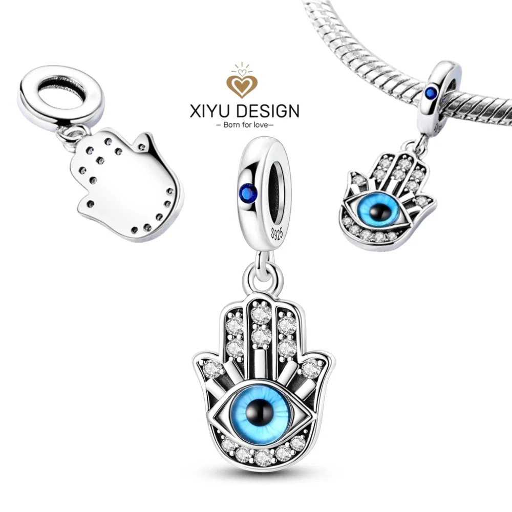 

New Mysterious Blue Fatima Hand Charm Pendant Fit DIY 925 Sterling Silver Bracelet Necklace Women Fine Jewelry Gift