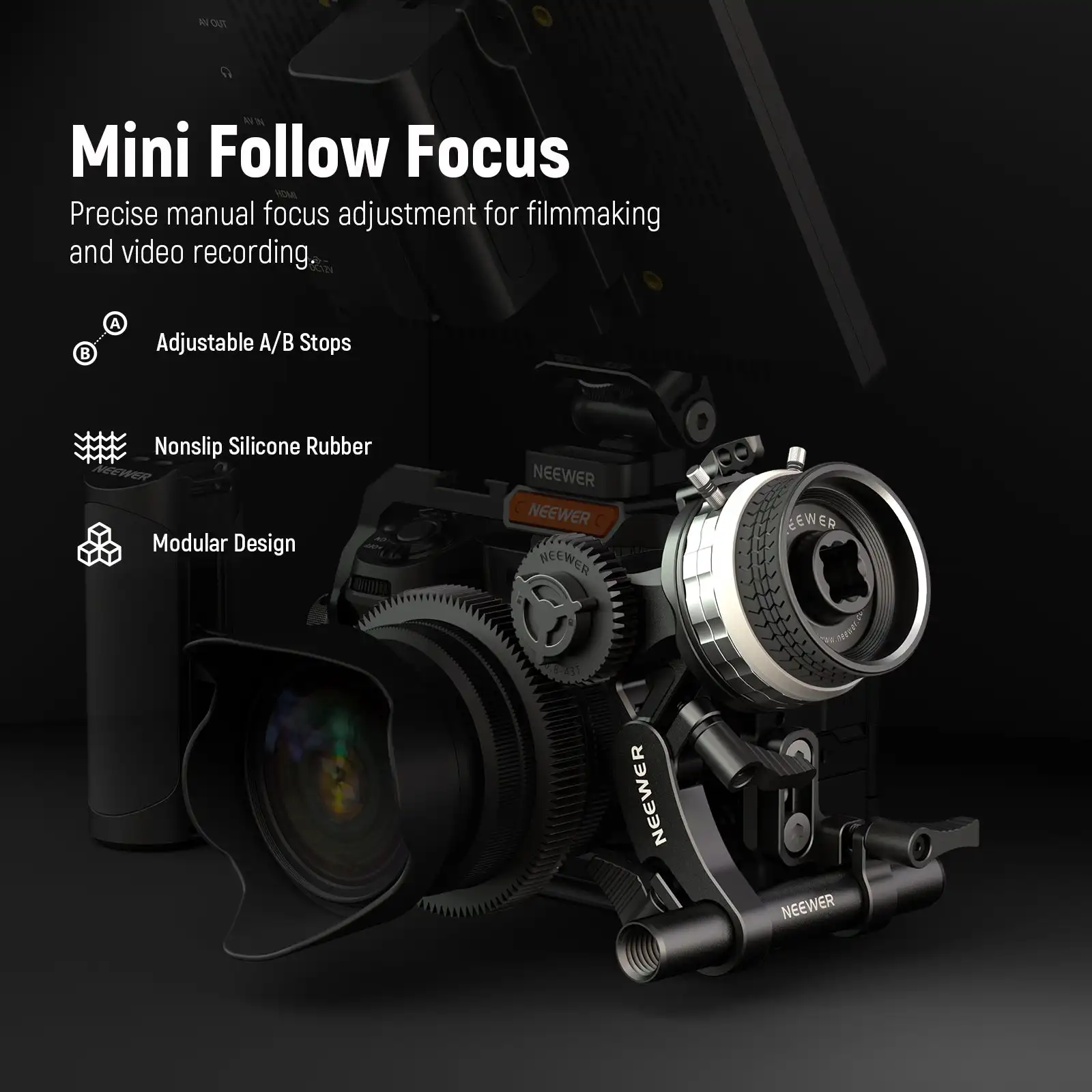 NEEWER PG001 Mini Follow Focus with A/B Stops 15mm Rod Connection For Cinema DSLR/Mirrorless Camera Manual Focusing Wheel