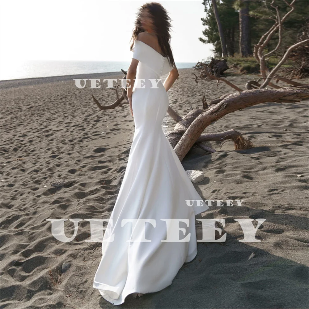 UETEEY Customized Crepe Simple Pleats Off Shoulder Mermaid Wedding Dress Women Zipper Back Floor Length Court Train Bridal Gown