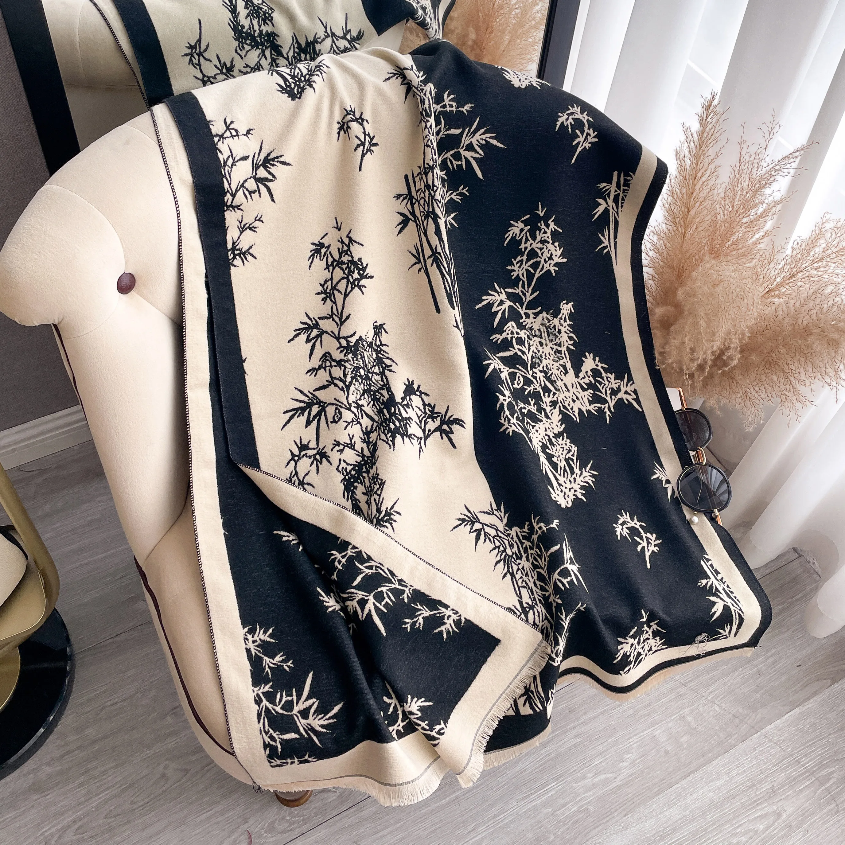 New Warm Poncho Cashmere Winter Women Scarf Bamboo leaf Print Shawl Wraps Female Thick Pashmina Blanket Bufanda Travel Echarpe