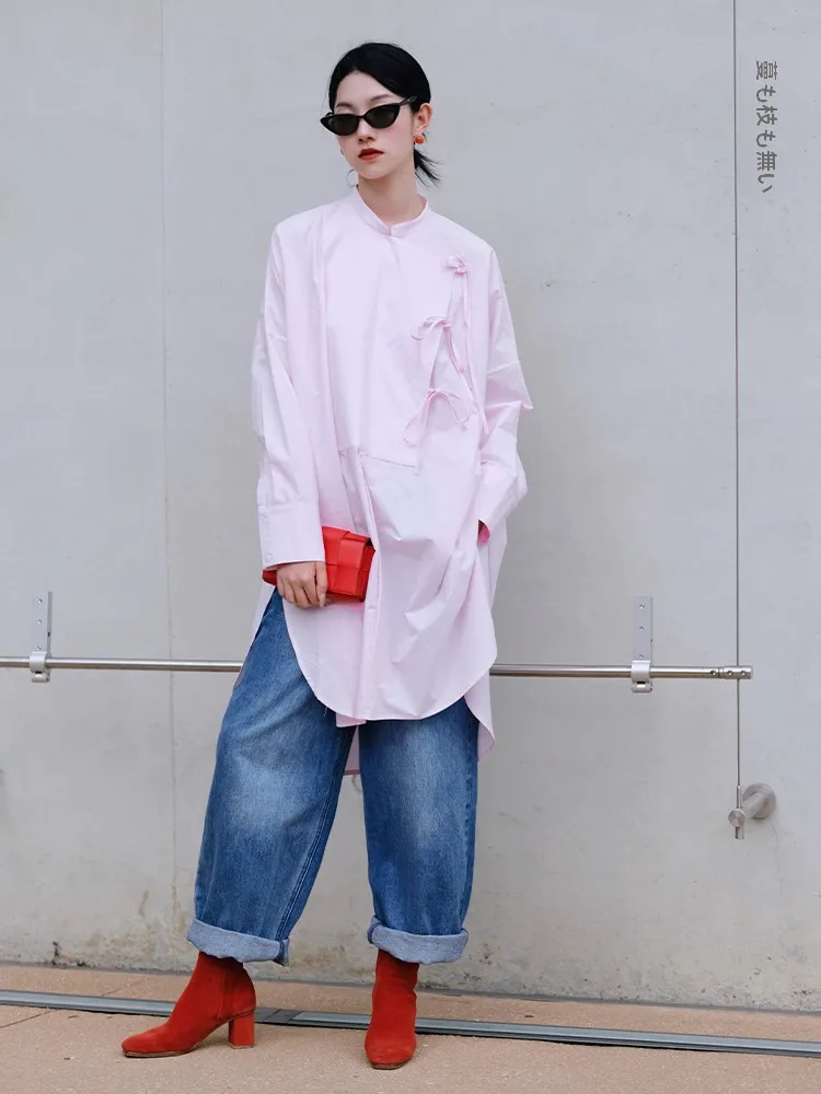 

Cloud Dream Pure Cotton Shirt Dress with Slit Versatile Artistic Commuter Style Long Sleeve Straight Cut Autumn Fashion Women
