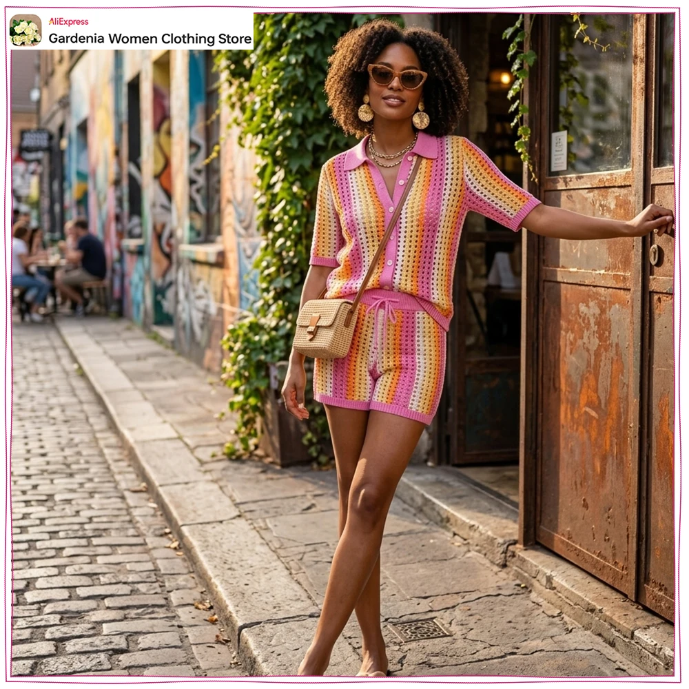 Summer Women 2 Piece Sets Striped Openwork Knit Short Sets Striped Polo Neck Short Sleeves Buttoned Jacket and Drawstring Shorts