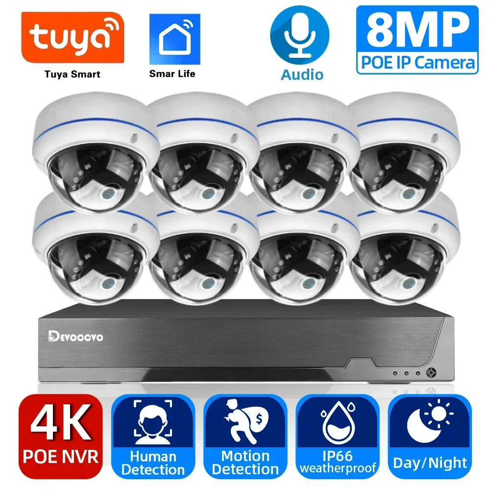 Tuya 8MP 4K Security Camera System 8CH Explosion-proof Outdoor POE NVR Human Detection CCTV Dome Home Surveillance Camera Kit