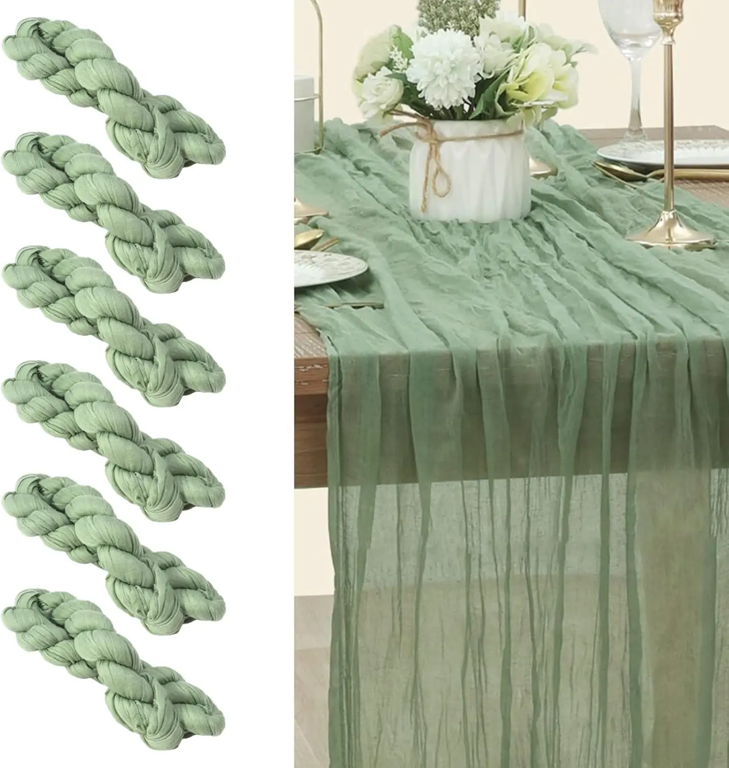 6pcs Cheesecloth Table Runner,Wedding Table Decor,Gauze Table Runner,Suitable for Party,Baby Shower,Wedding Decor(Light Green)