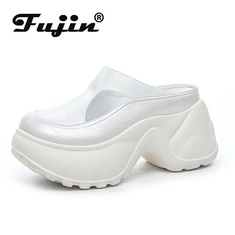 

Дышащие сандалии из микрофибры Fujin 8 см, туфли на плоской подошве с круглым носком, тапочки без шнуровки на платформе, высокая женская обувь на танкетке