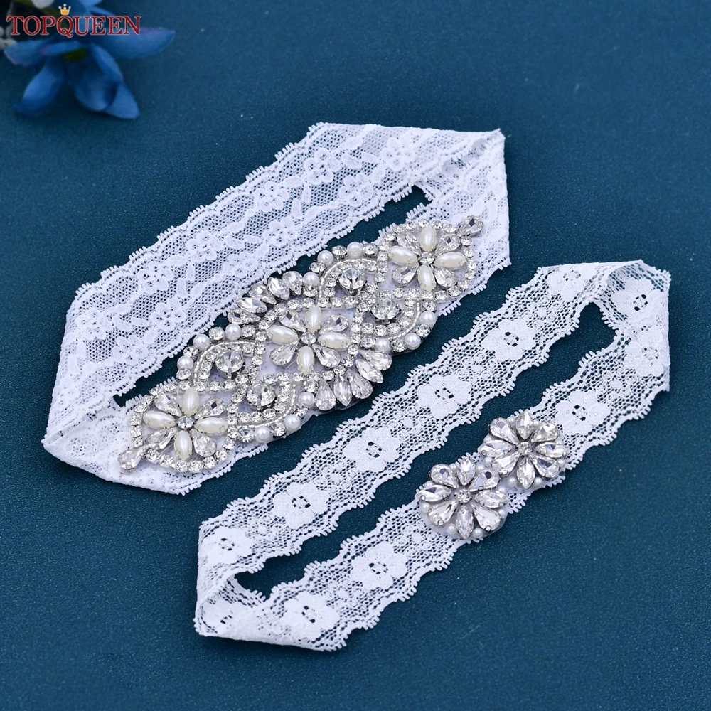 TOPQUEEN Wedding Garter Belt Handmade Elastic Lace Rhinestone Applique Bridal Leg Garter for Women Bride Thigh Harness Belt S76