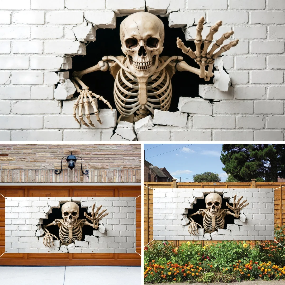 Halloween Garage Door Background Dilapidated White Wall Ghost Claw Skull Garage Wall Frame For Home Outdoor Courtyard Decoration