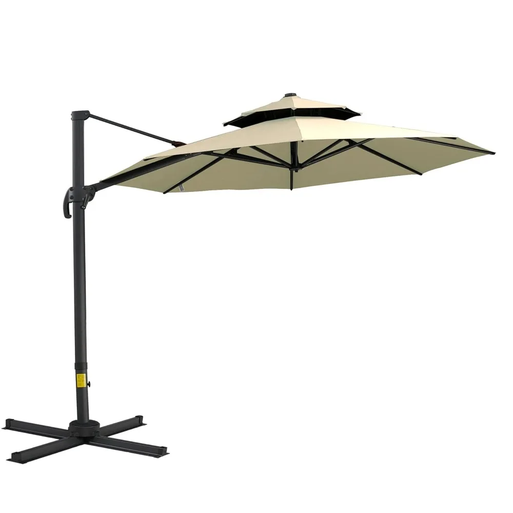 

11ft Cantilever Patio Umbrella with Base, Double Top Hanging Aluminum Offset Umbrella with 360° Rotation, Customized