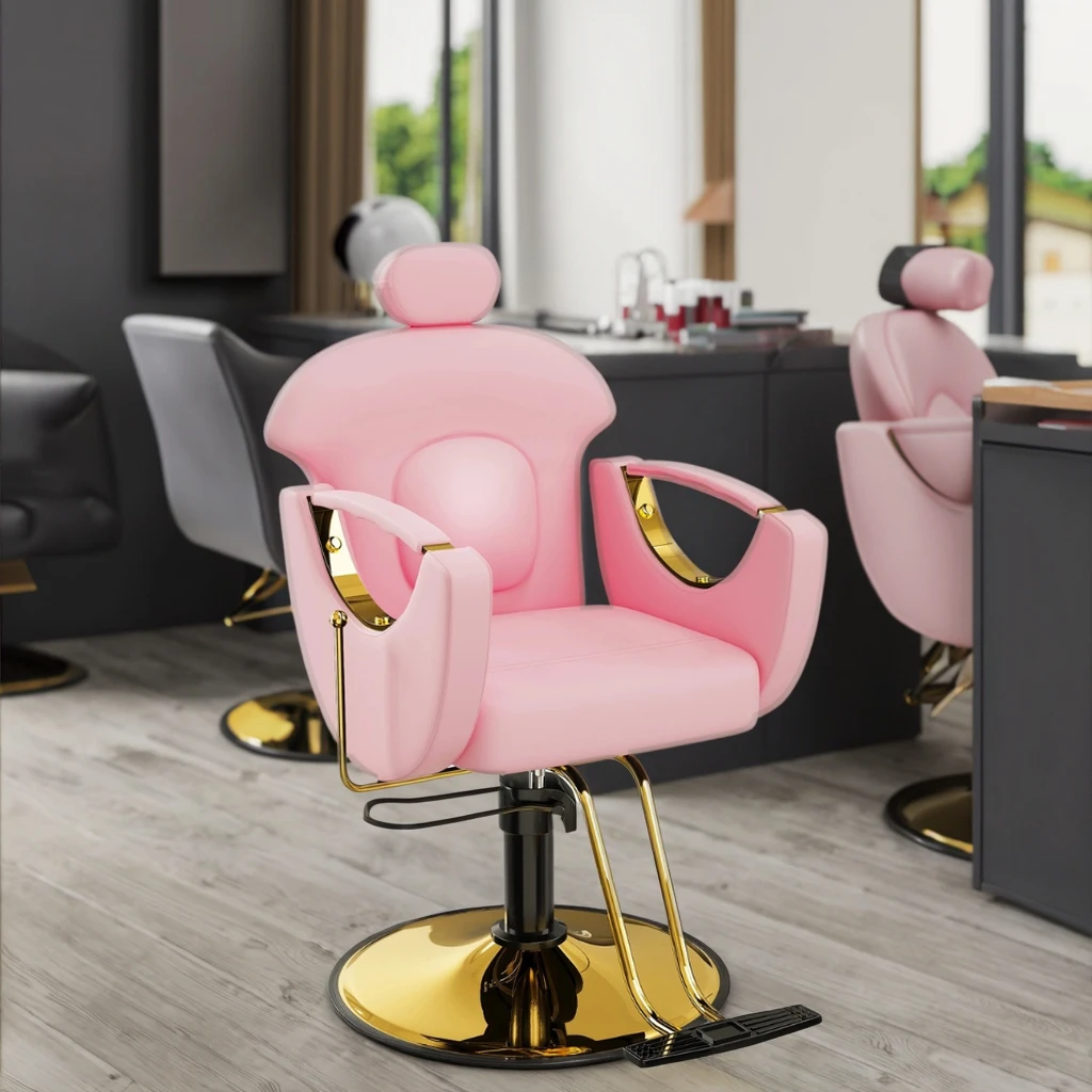 

Beautiful Pink Leather Gold Base Hairdressing Styling Chair Professional Barber Chair Package for Sale