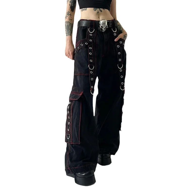 Women\'s Wide Leg Cargo Pants, Street Hip Hop, Chain Button Ribbon, Loose Casual Pants, Bandage, Wide Leg, Long Trousers