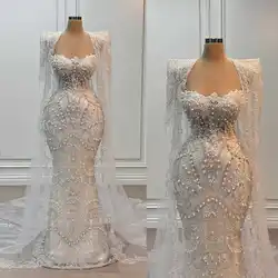 Luxury Wedding Dresses Pearls Sequins Bride Gowns with Cape Beaded Long Sleeves Custom Made Mermaid Bridal Robes De Mariée