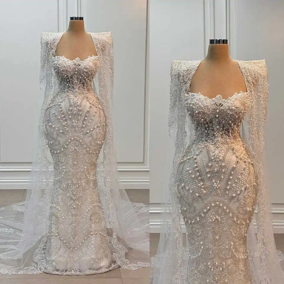 Luxury Wedding Dresses Pearls Sequins Bride Gowns with Cape Beaded Long Sleeves Custom Made Mermaid Bridal Robes De Mariée