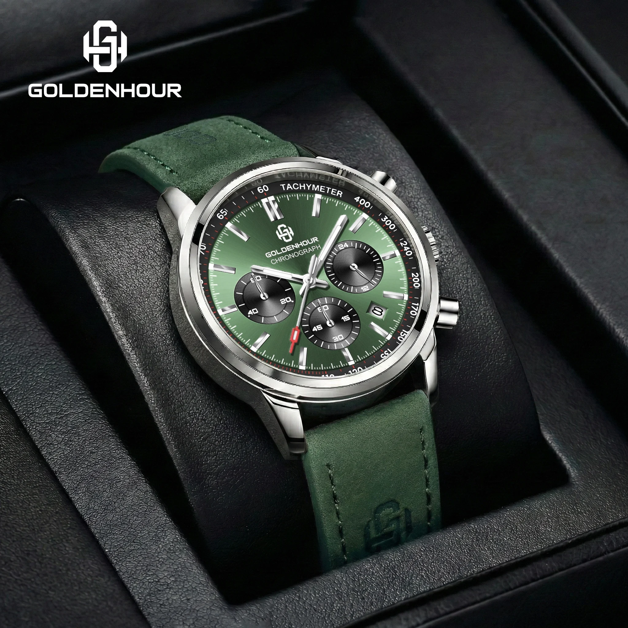 Goldenhour Men's Silver Green Luxury Chronograph Watch Waterproof Luminous Leather Quartz Military Sport Wristwatch