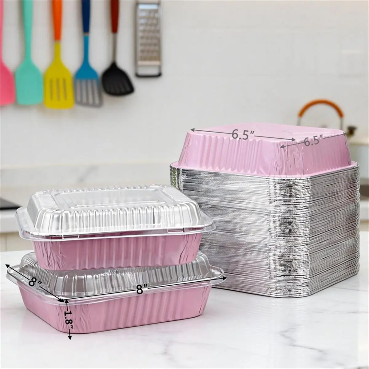 A56K 35 Pack Pink 8x8 Inch Disposable Aluminum Pans with Plastic Lids,Stickers and Cake Spoons ,for Baking Trays,Foil Pans