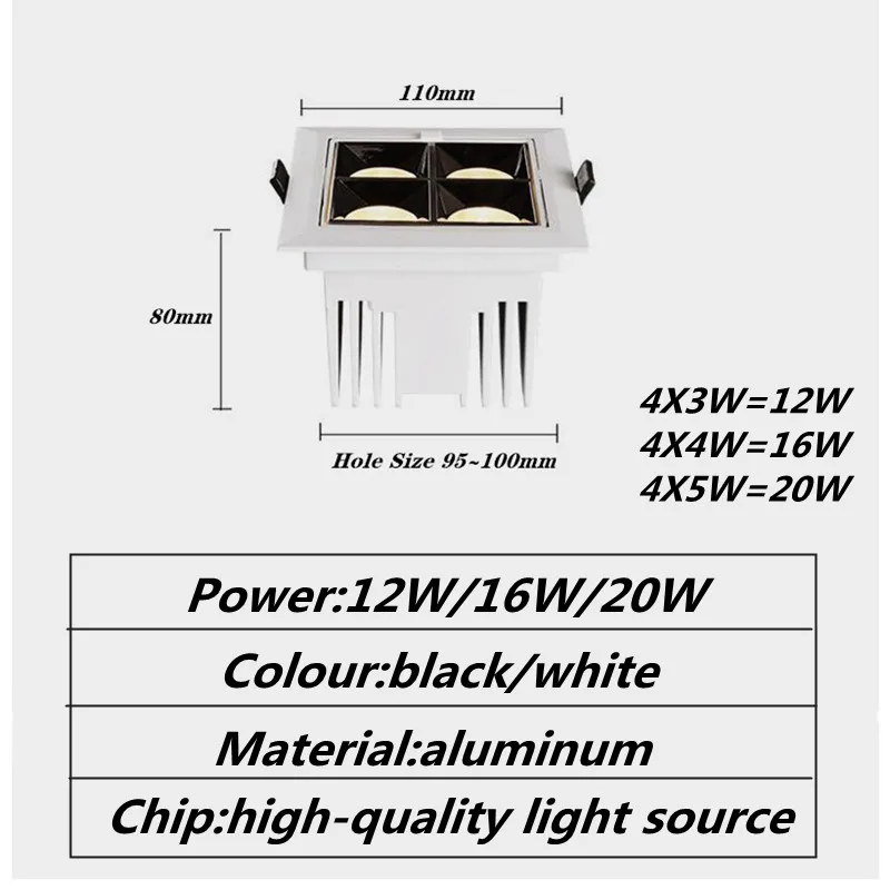 Square Dimmable Folding Recessed LED Downlights 12W 16W 20W COB Ceiling Spot Lights AC110~240V Background Lamps Indoor Lighting