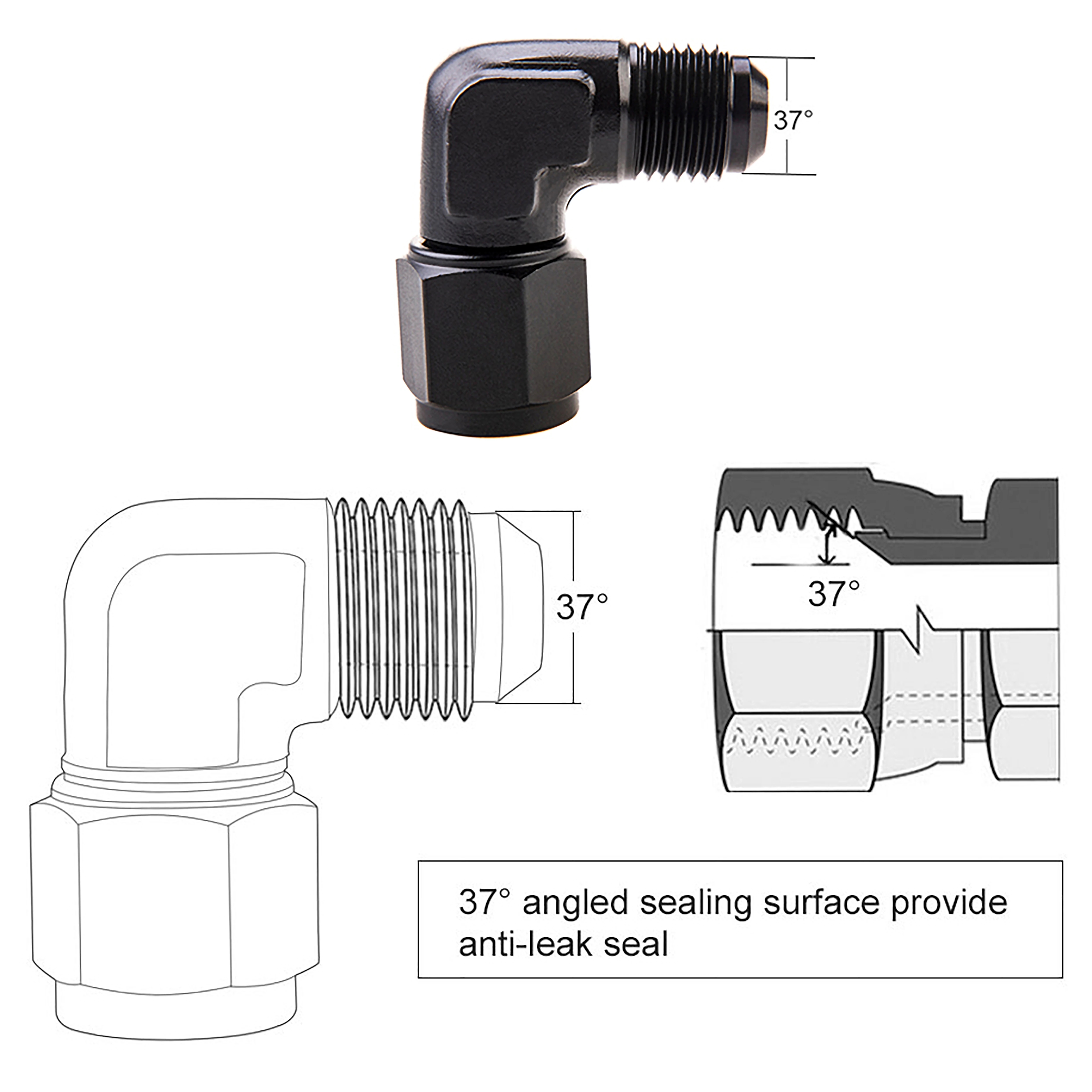 Oil Fuel Fittings Black Anodized Aluminum Adapter 90 Degree Female AN6 AN8 AN10 Swivel Adaptors To Male AN6 AN8 AN10