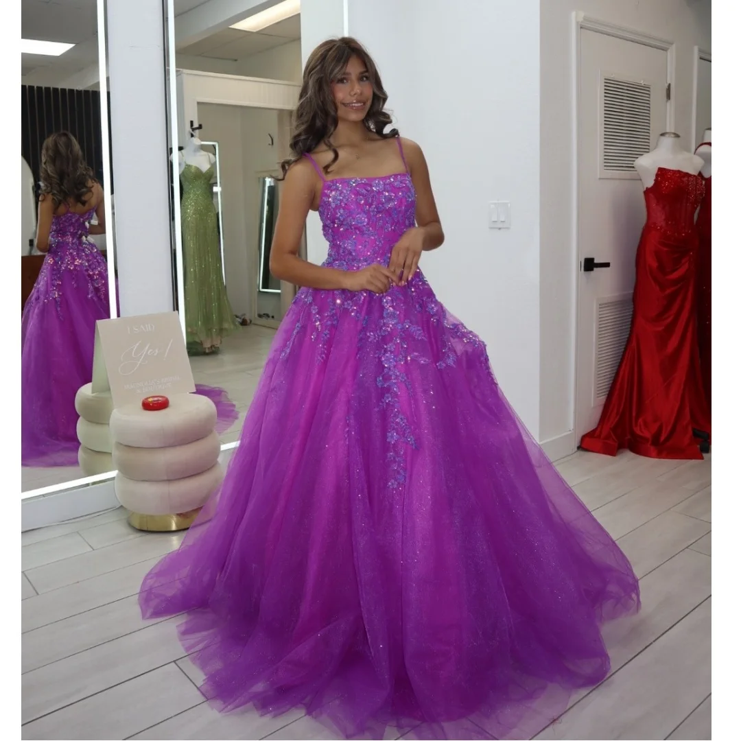 

Sparkly Purple Sequined Prom Dresses Spaghetti Straps Lace Appliqued Party Dress Long Glitter Luxury Evening Gown Customized