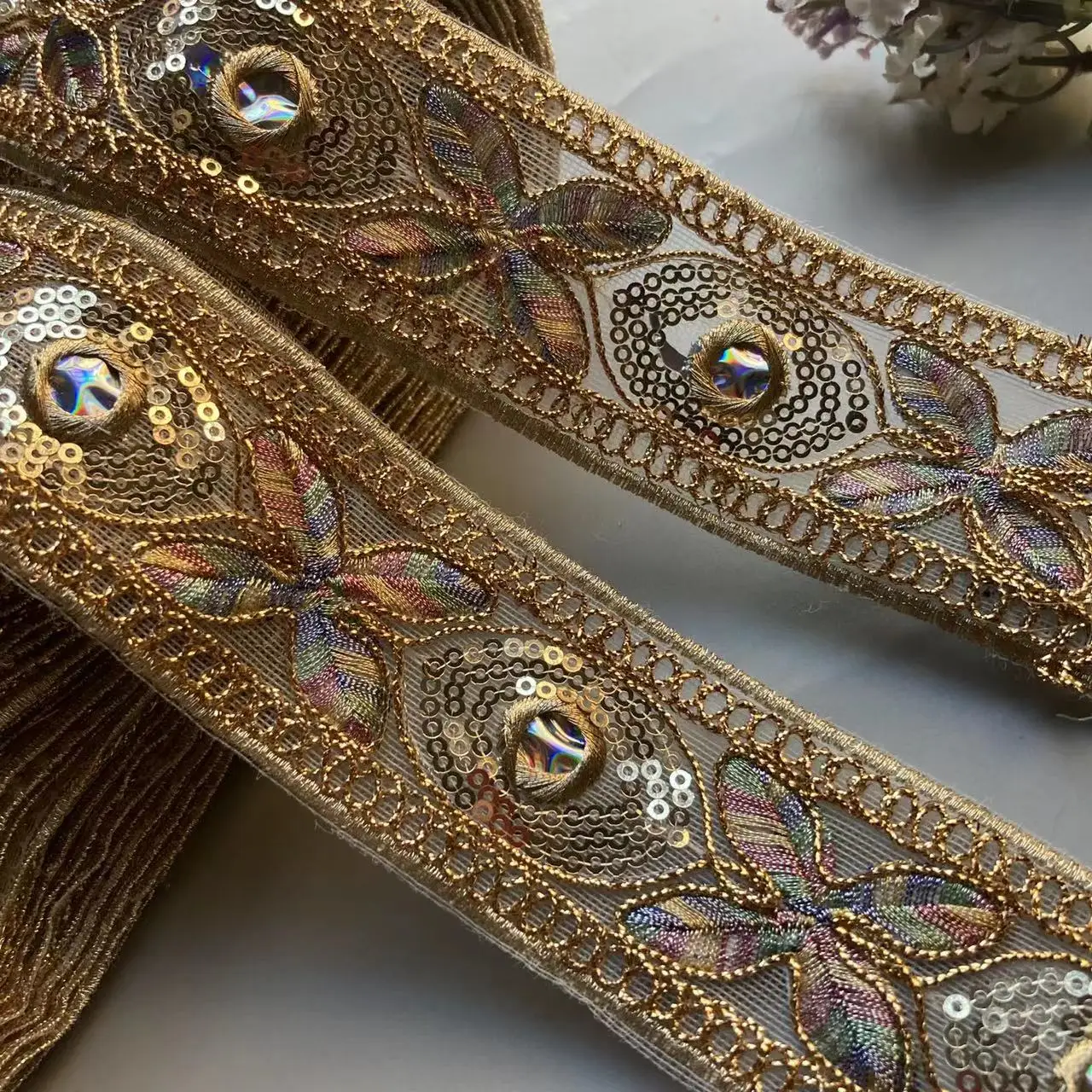 

2 Yards 5CM Lace Trim Ribbon Ethnic Clothing Gold Strand Thread Embroidery Sequin Children's Hanfu Fabric Accessories New