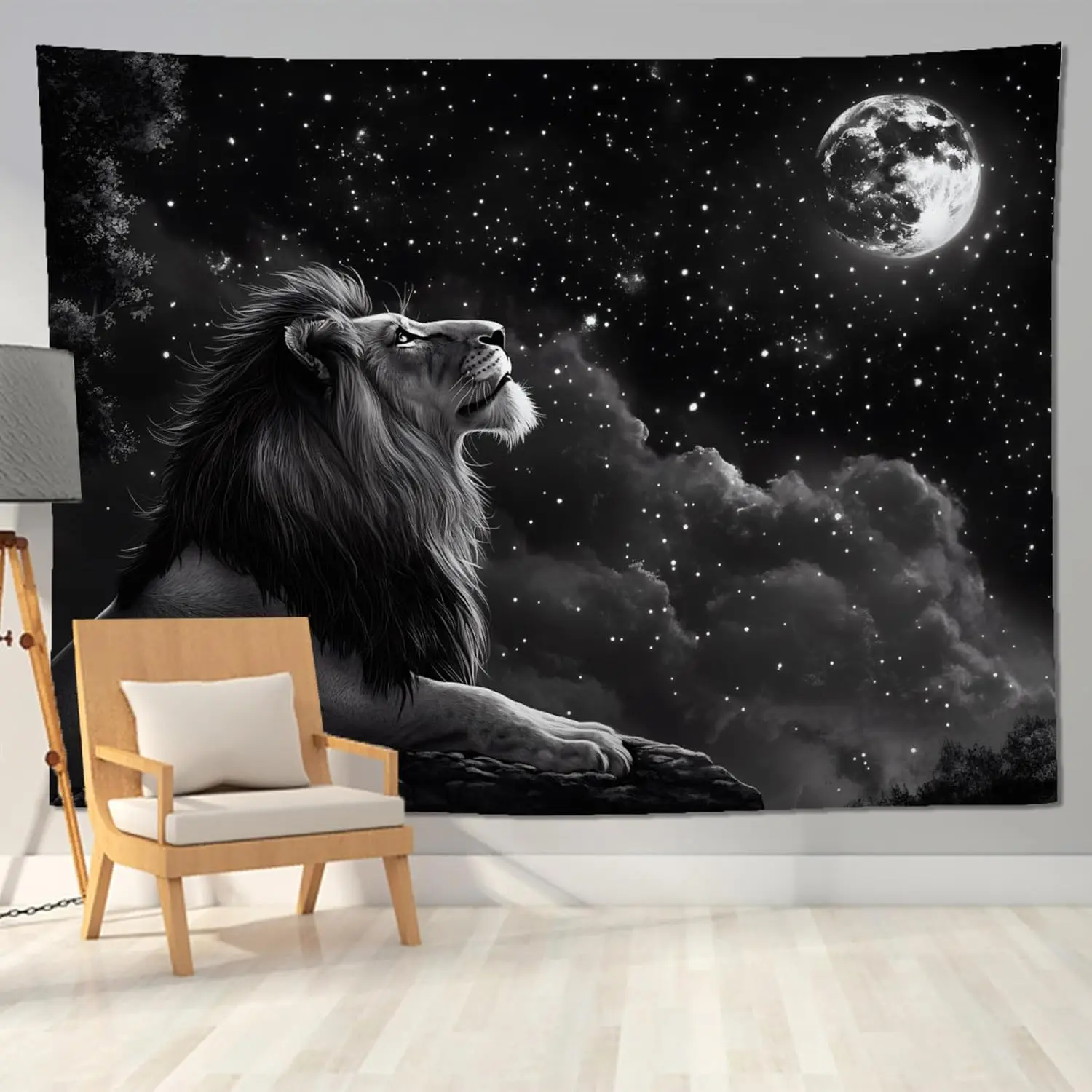 Majestic Lion Starry Night Sky Tapestry Wall Hanging Decor Cosmic Galaxy Black And White Monochrome Wildlife Art Canvas Print