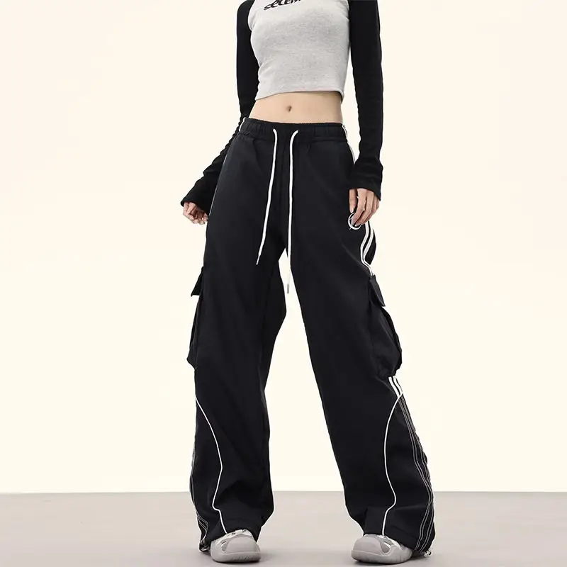 

Deeptown Y2k Vintage Parachute Cargo Pants Women Oversize Striped Track Black Sweatpants Korean Street Joggers Trousers Harajuku