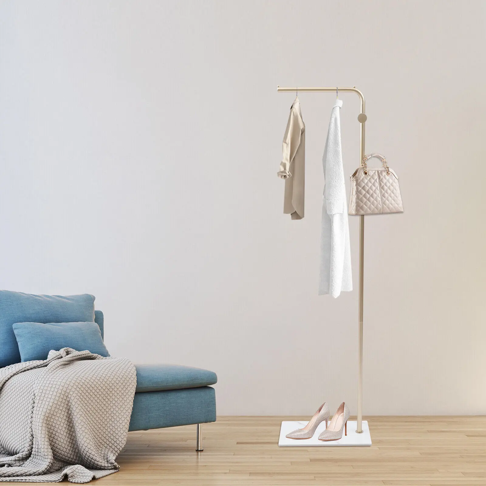 

Compact Clothing Rack – Gold, Multifunctional. With Hooks & Storage. Sturdy, 67In Height. For Small Spaces/Home, Easy Assembly