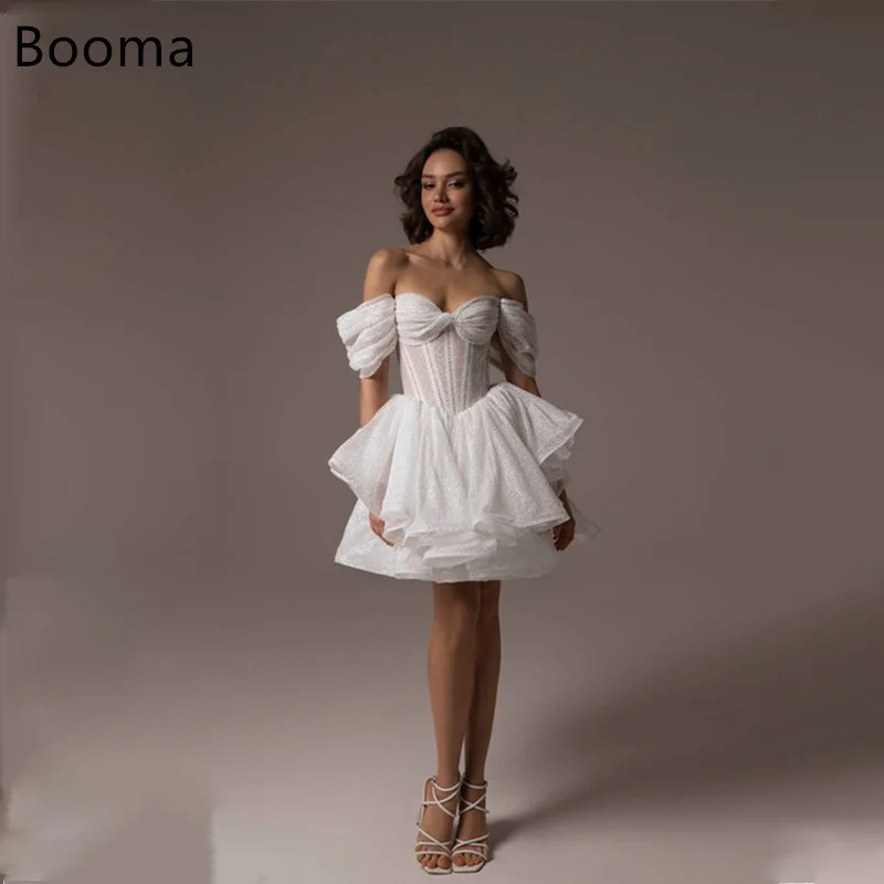 

Booma A-Line Off The Shoulder Shiny Elegant Wedding Dresses Mini Sleeeveless Pleat Brides Gown Custom Made 2025