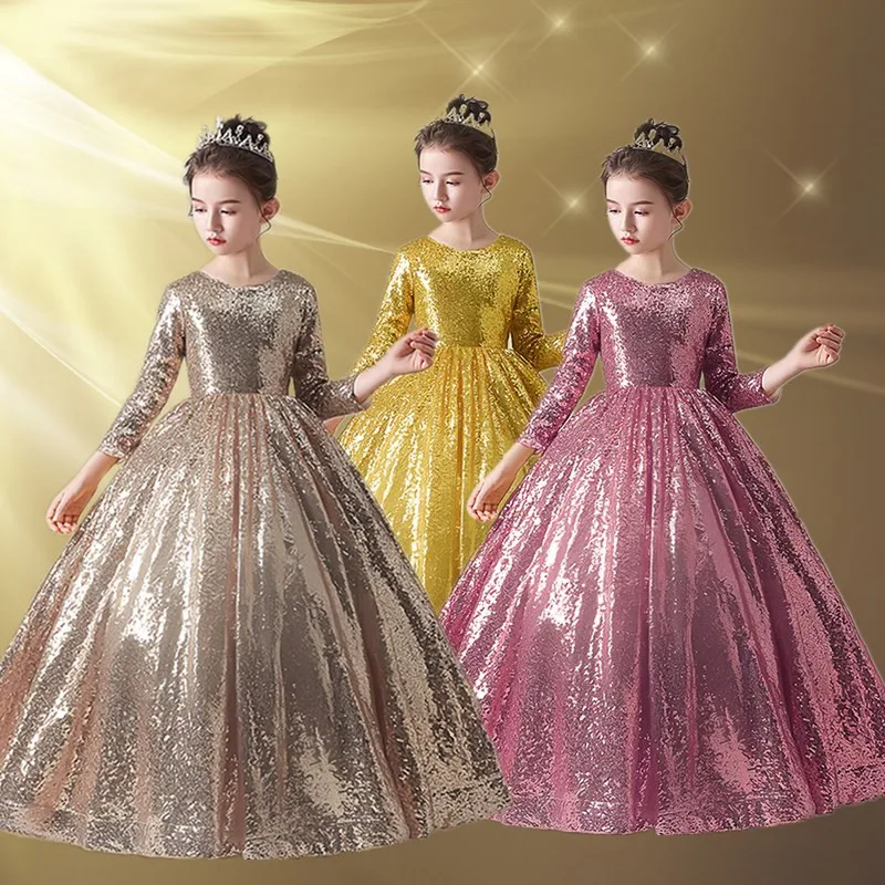 New Kids Prom Dresses 2023 Girls Elegant Sequins Ball Gowns with Teenagers Evening Party formal Dress Girl Communion Shiny Dress