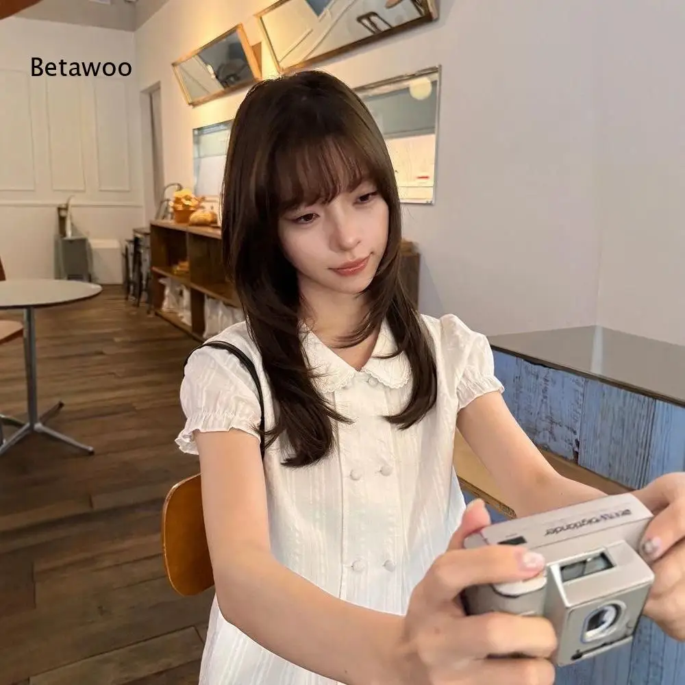 Women Peter Pan Collar Short Sleeve Blouse Double Breasted Ruffle Trim Sweet Top for Daily Casual Dating Occasions