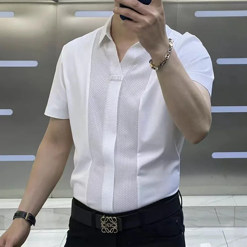 Men\'s High-end Light Luxury Short Sleeved Shirt With A Flip Collar Slim Fit Shirt 2024 Trend Korean Versionsummer Men\'s Clothing