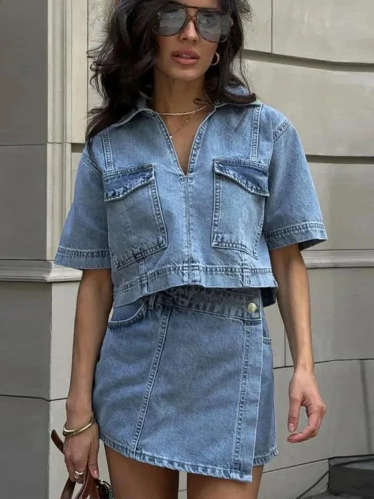 

Джинсовая юбка с неровным подолом, шорты, комплект женских тонких укороченных топов с короткими рукавами и v-образным вырезом, шорты с высокой талией, новая женская уличная одежда Y2k