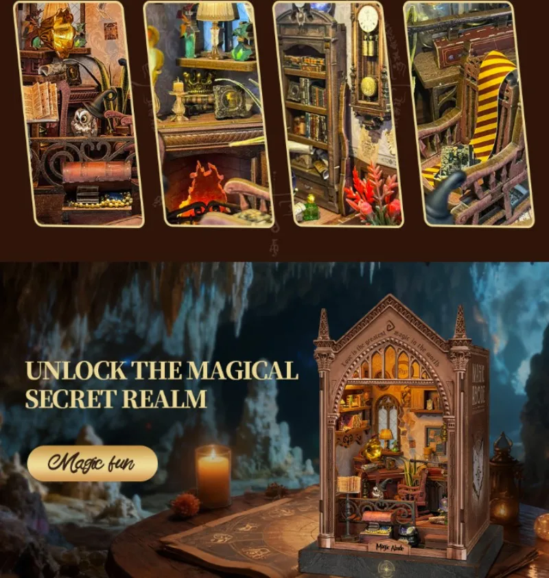 Zestaw DIY OUZEY Magic Booknook, magiczny wkład do regału z oświetleniem, drewniany model domku 3D dla dorosłych