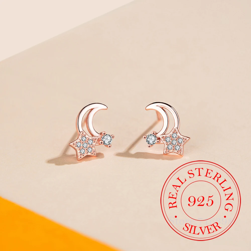 

925 Sterling Silver Jewelry Crystal Asymmetric Moon Star Stud Earrings for Women Wedding Party Jewelry for Girls Friend Gift