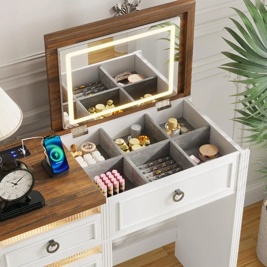 طاولة مكياج مكتبية 3 في 1 للمزرعة مع مرآة إضاءة قابلة للطي 3 ألوان ومقعد مخفي ومحطة شحن مستشعر الجسم فاني