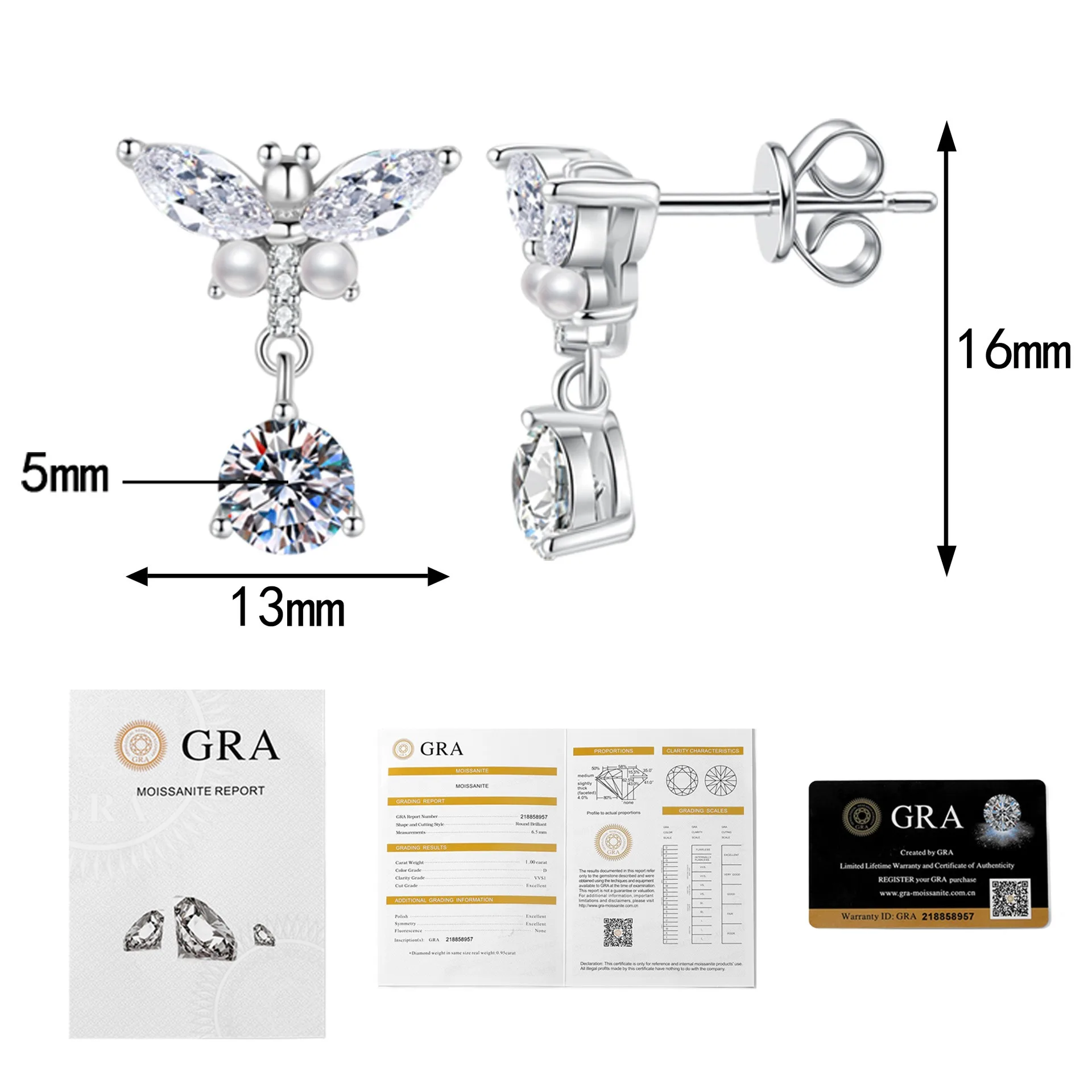 S925 فضة فراشة لؤلؤة مويسانيتي أقراط صغيرة أنيقة ترصيع مجوهرات فاخرة متعددة الاستخدامات للنساء
