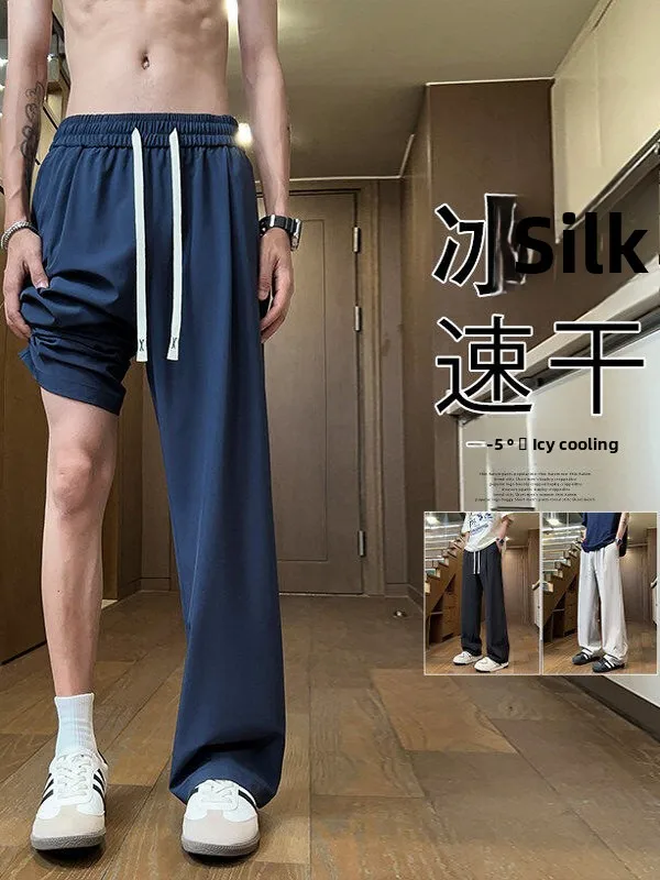 

Retro Japanese Sle Ice Silk Straight Leg Sweatpants ex Loose Fit Casual Spor Long Trousers Polyester Spandex Blend
