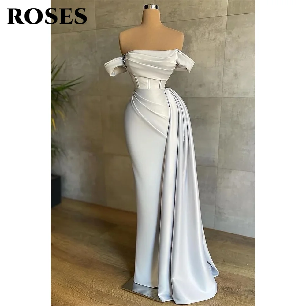 

ROSES White Sexy Off The Shoulder Party Dress for Wedding Metal Decoration Fishbone Evening Gown Pleat Side Split Formal Dresses