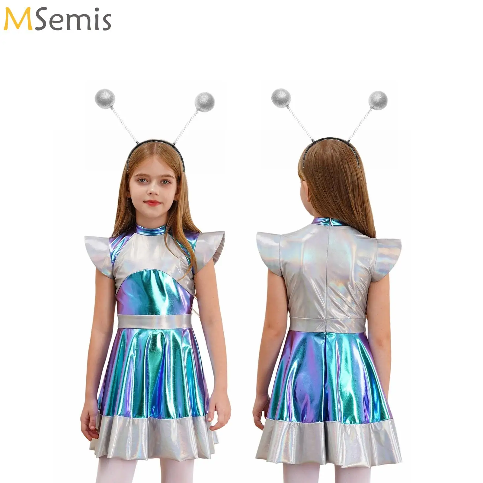 

Girls Cosplay Alien Robot Costume Outerspace Astronaut Role Play Tulle Dress with Hair Hoop Roleplay Party Dress Up Costumes