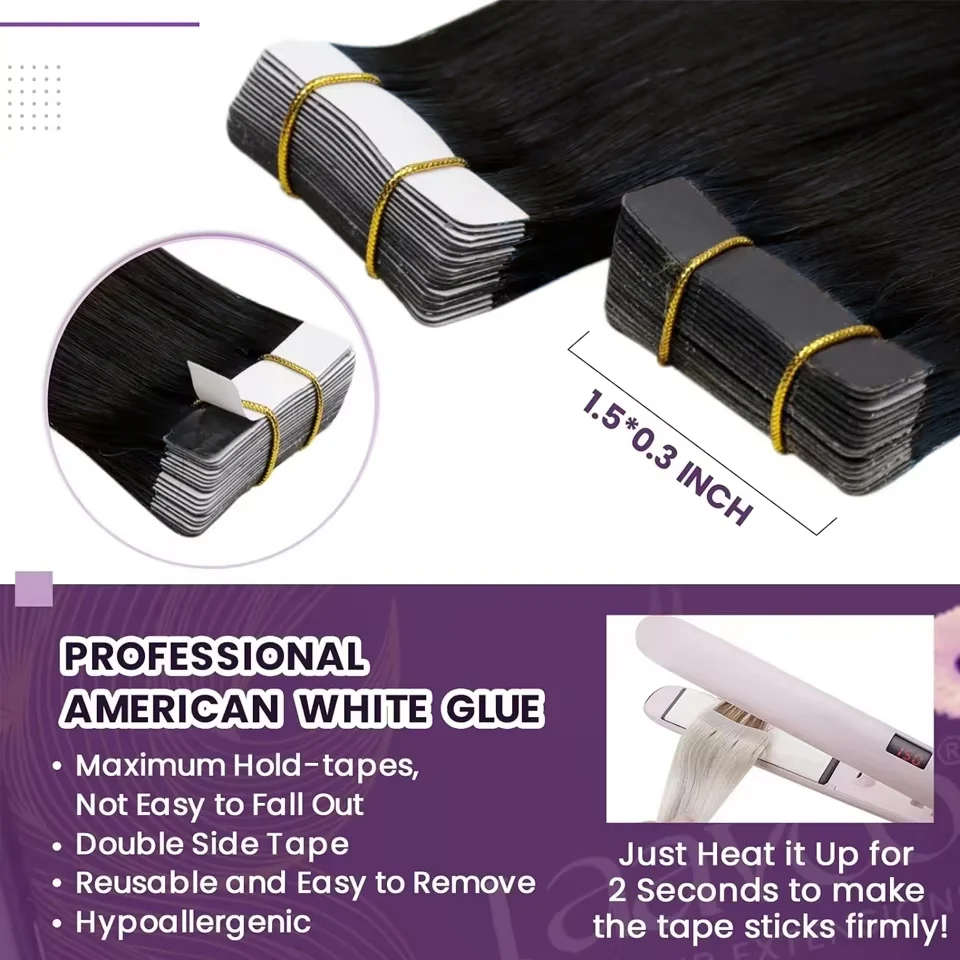 Extensiones de cabello con cinta adhesiva en color natural, cabello humano virgen, liso sedoso, invisibles con cinta, color #4 para mujer, 50 g, 20 piezas 3