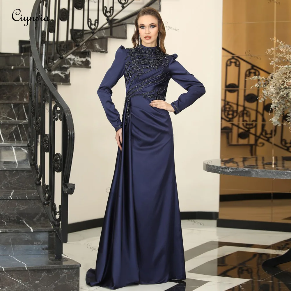 Ciynsia Modern Evening Dresses For Women Full Sleeves High Neck Formal Prom Gown Satin Mermaid Sweep Train Vestidos De Noche