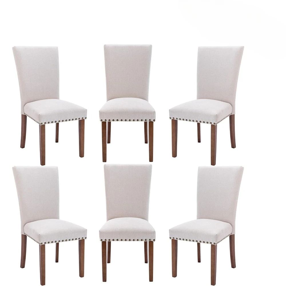 Dining Chairs Set of 6, Upholstered Fabric Dining Room Kitchen Side Chair with Nailhead Trim and Wood Legs - Beige