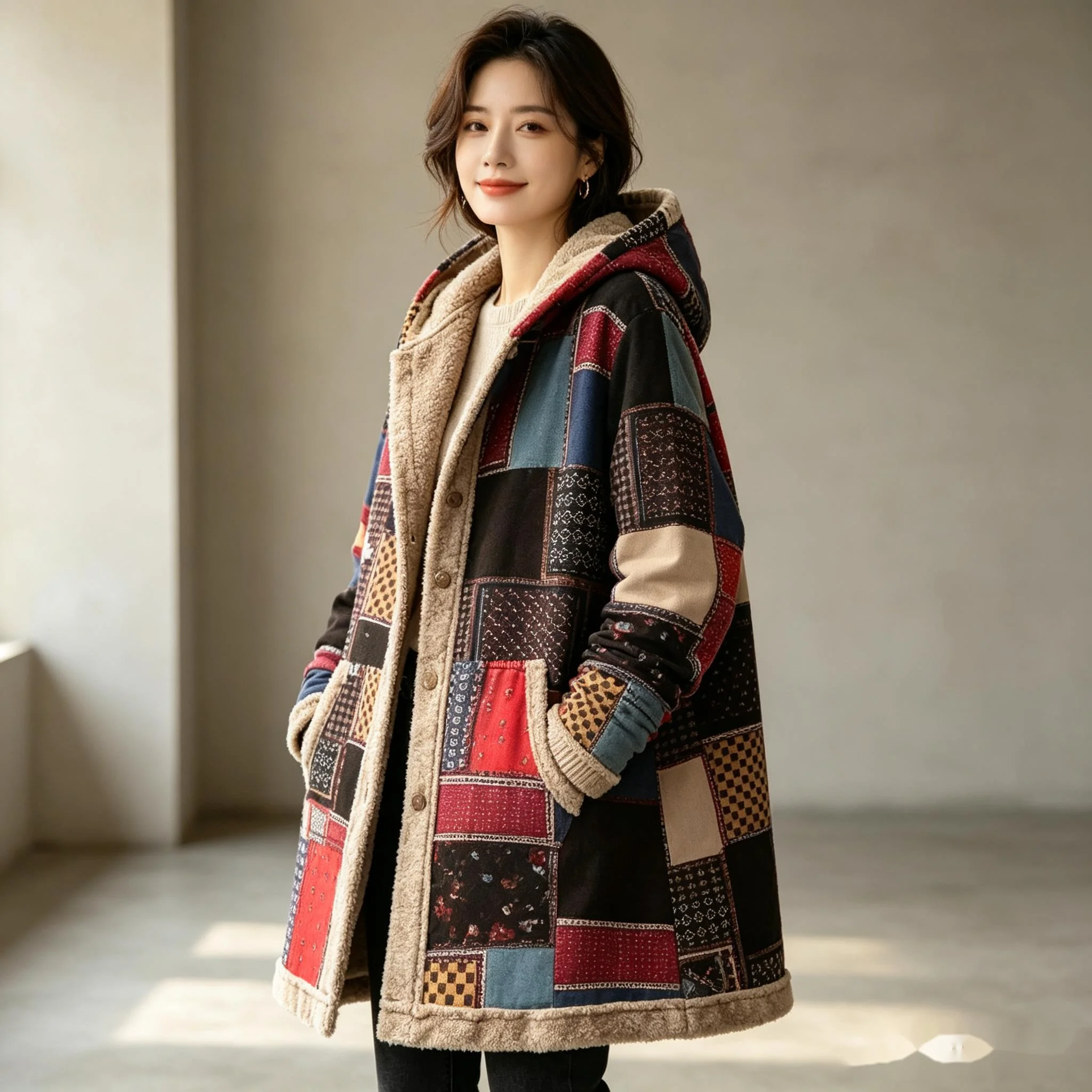2026 New Women's Hooded. Printed Loose-fitting Mid-length Plush Coat, Autumn. And Winter Warm Cotton Jacket, Plus. Size. Clothes