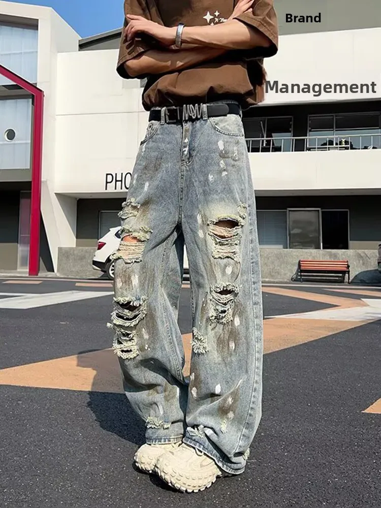 

Ретро американские джинсы с отверстиями и брызгами, мужские летние модные свободные широкие брюки для нищих, молодежные повседневные брюки