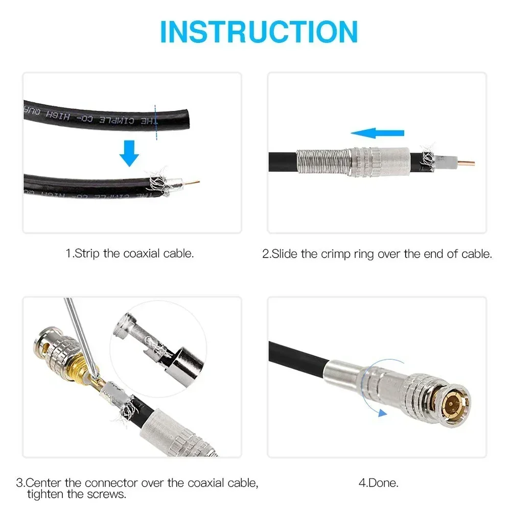 PEGATAH Male Solderless Camera Cables BNC Connector for CCTV Camera System Connectors Coaxial CCTV Camera Accessories