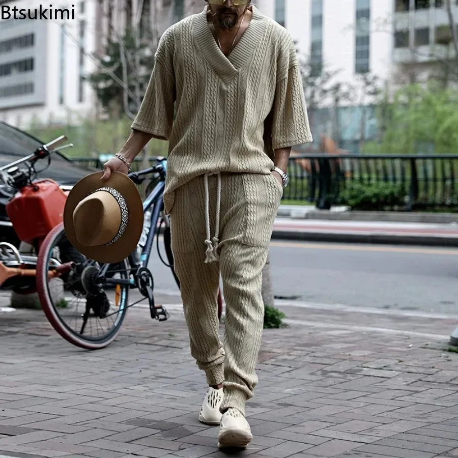 New2026 Men's Casual Pants Sets Knitted Two Pieces Suit Sets Male V-Neck Tops And Pants Slim Streetwear Jacquard Sweater Outfits