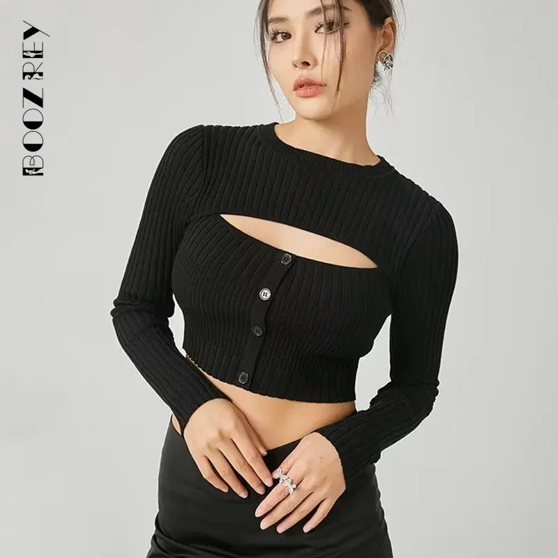 BoozRey 2022 Autumn and Winter O-neck Chest Hollow Out Knit Shirt Female Stretch Repair High Waist Navel-less Knitted Tops