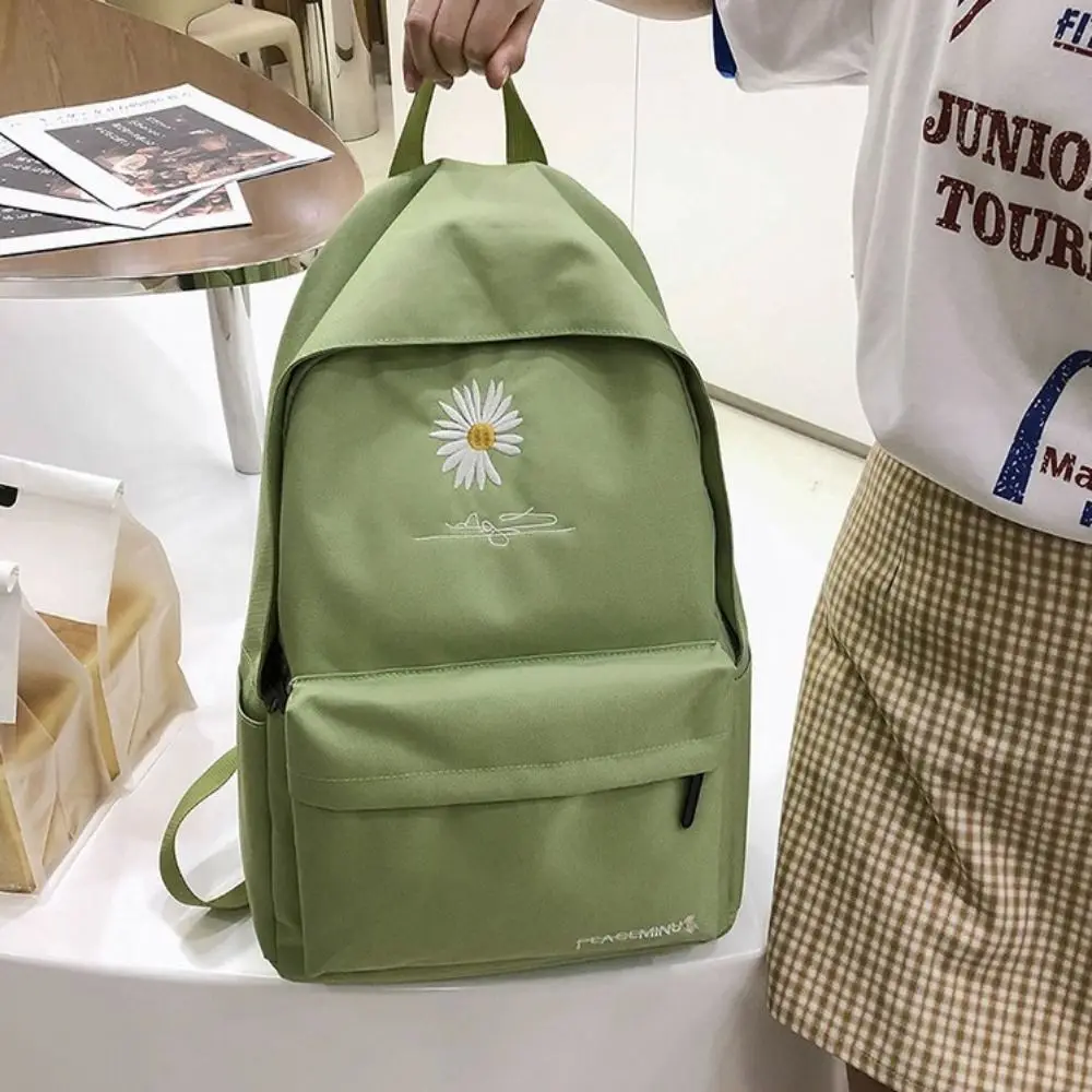 Backpack Casual Canvas Book Backpack Green with Daisy Embroidery Large Capacity Street Travel Bag Student School Bags Portable