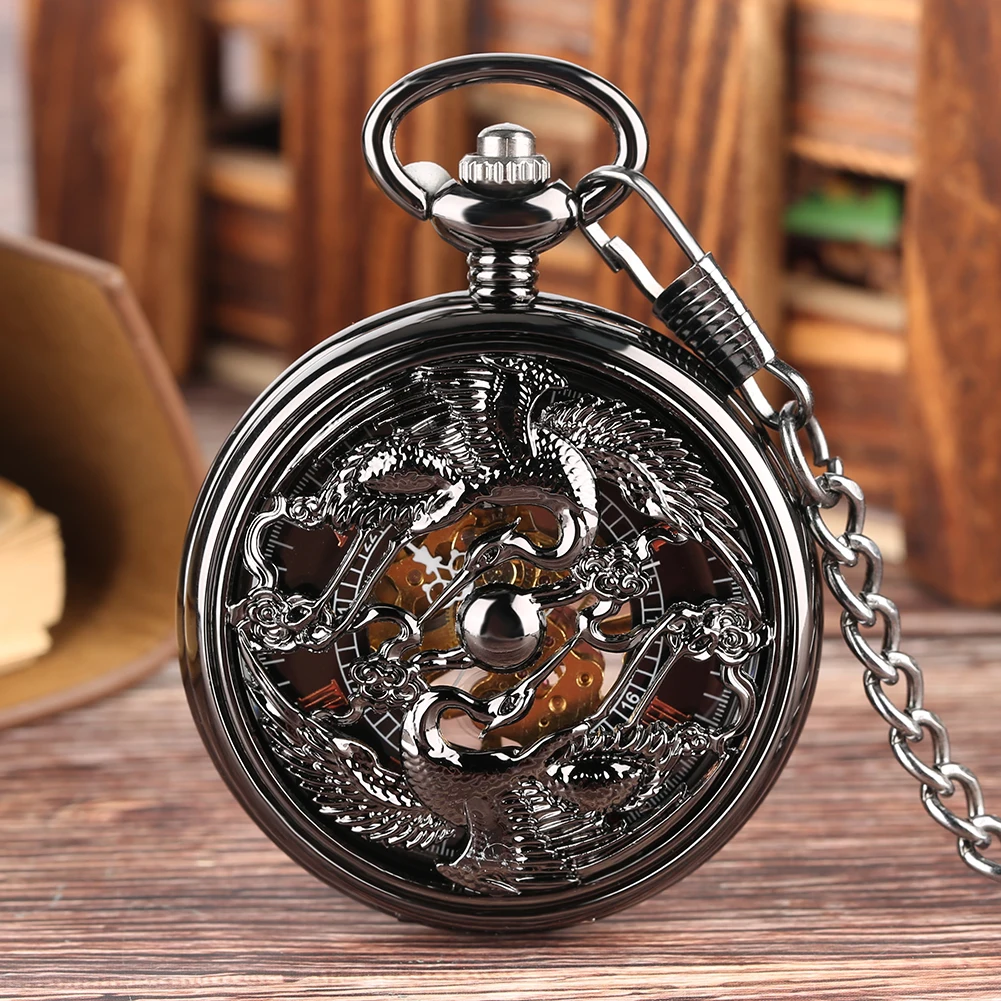 Exquisite Vintage Double Flying Crane The Sun Pattern Design Mens Mechanical Pocket Watch Antique Stylish Gift Retro Chain Clock