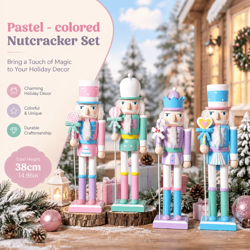 38CM Christmas Nutcracker SET Macaron- Colored Candy Theme Walnut Soldier Solid Wood Decorative Item Gift Handicraft New Year